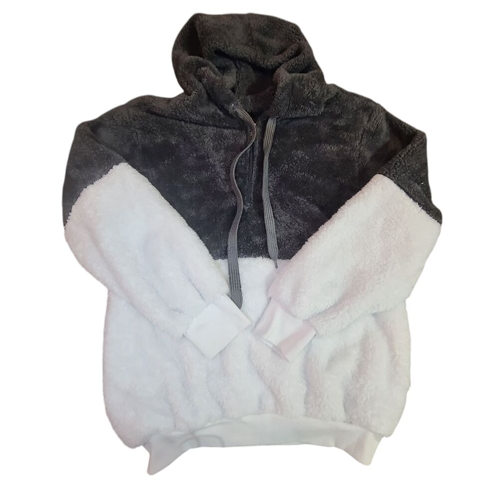 Womens M Colorblock Long Sleeve 1/4 Zip Faux Fur Hooded Gray Coat Jacket Pockets